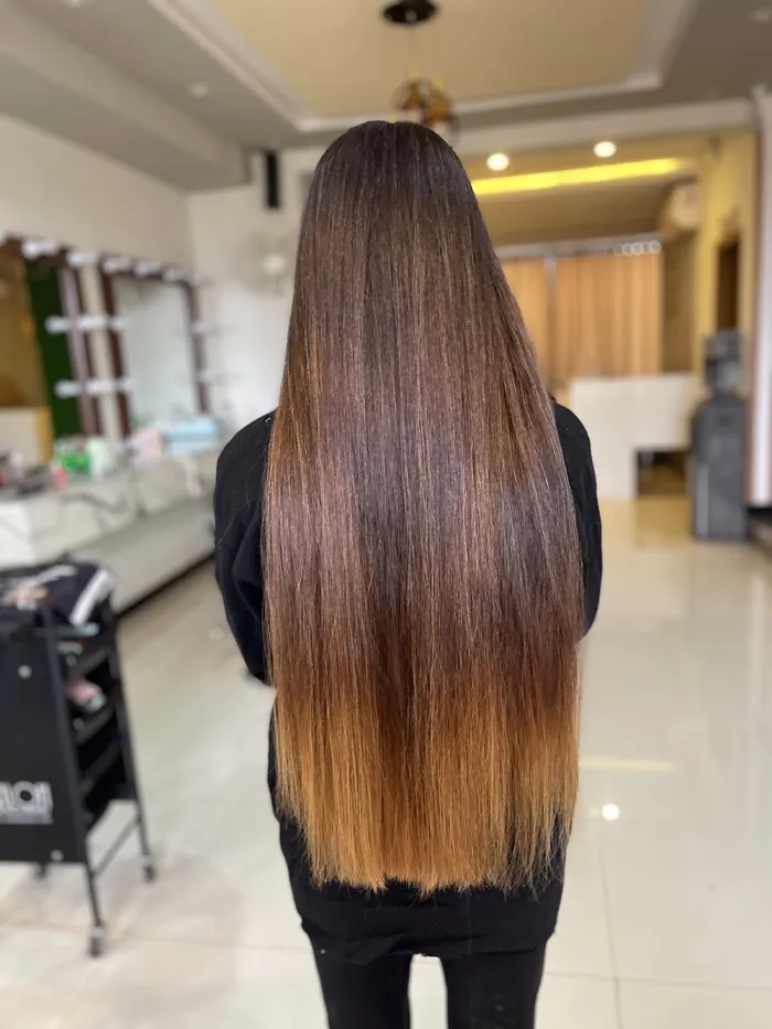 Long hair with soft caramel highlights, blow-dried straight