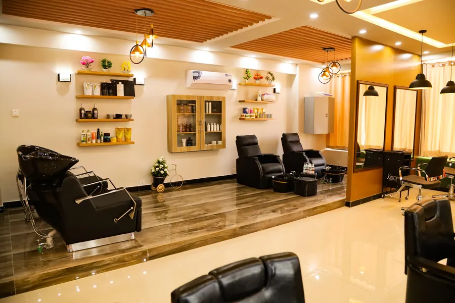 Styling chairs and mirrors along the studio floor